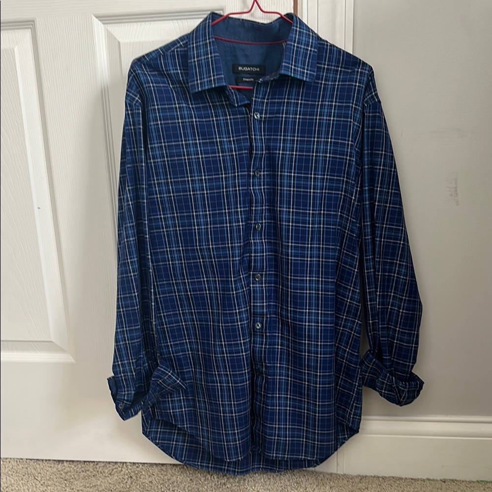 Bugatchi Navy and White Checkered Shirt
